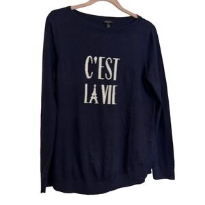 Talbots Navy Sweater with 'C'est La Vie' Design